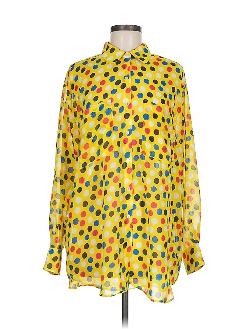 American Apparel Yellow Polka Dot Chiffon Oversized Button Up Shirt Blouse - OS